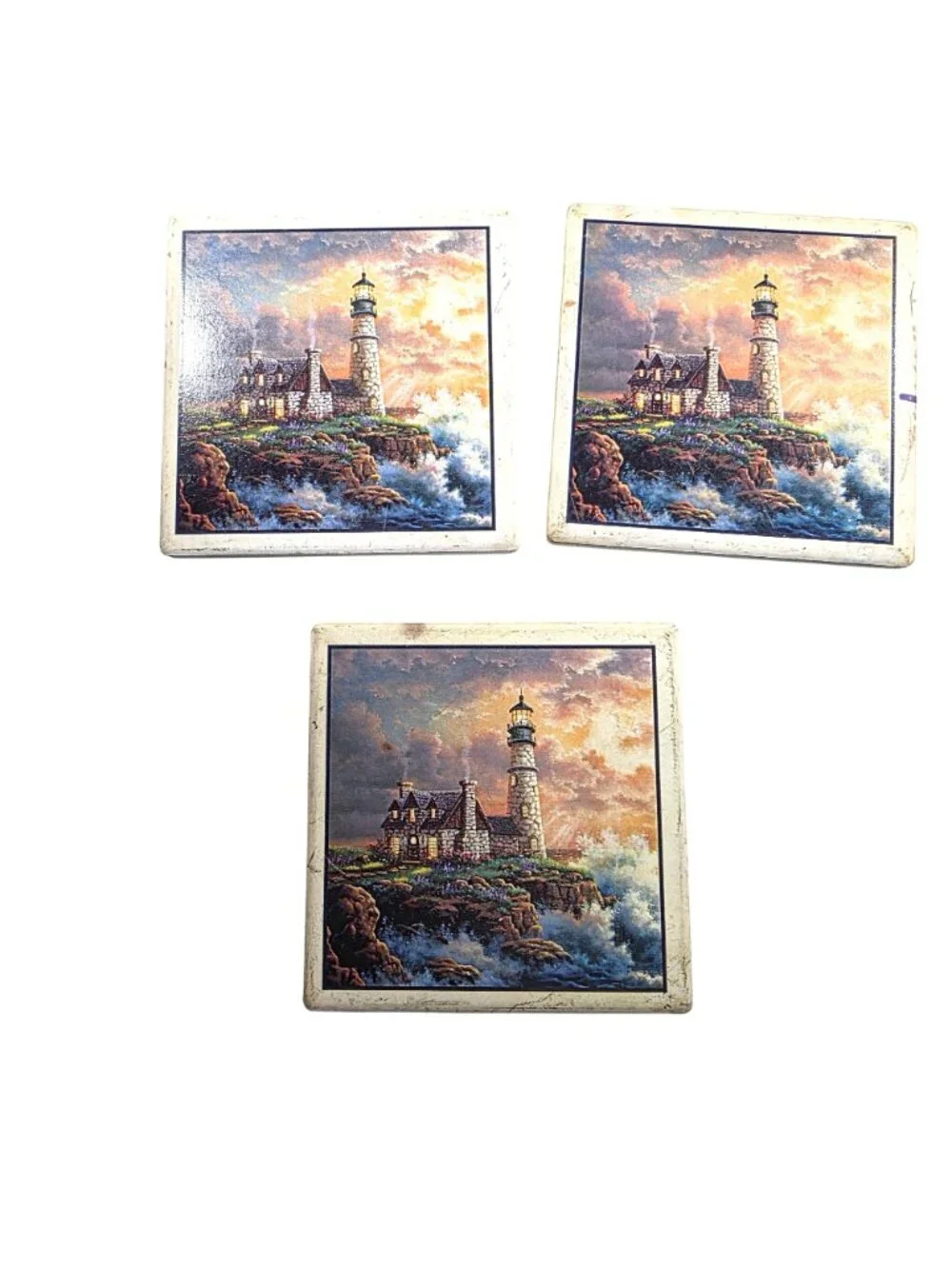 Lighthouse Coasters Set Of 3 Ceramic Cork Backing beachcore ocean nautical